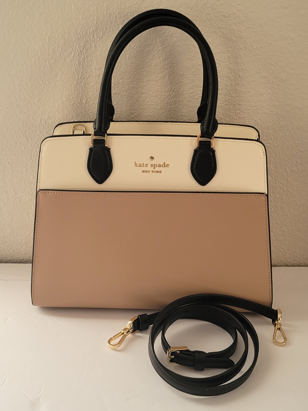 kate spade Two-Tone Leather Satchel in Cream, Taupe & Black